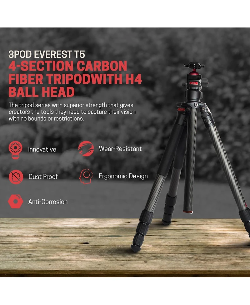 3Pod Everest T5 4-Section Carbon Fiber Tripod with H4 Ball Head and Arca-Type Quick Release