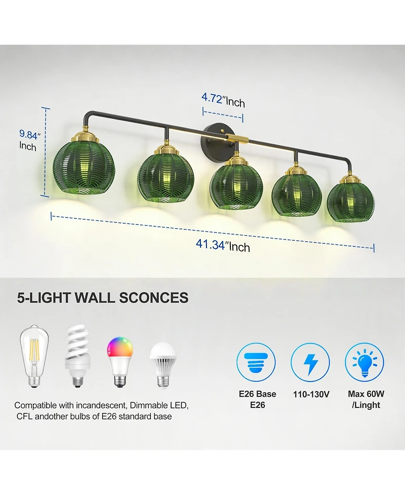 Busdays 5 Light Bathroom Vanity Light Fixture Modern Wall Light with Glass Shades for Mirror Kitchen Dining Room Bedroom Bulb Not Included