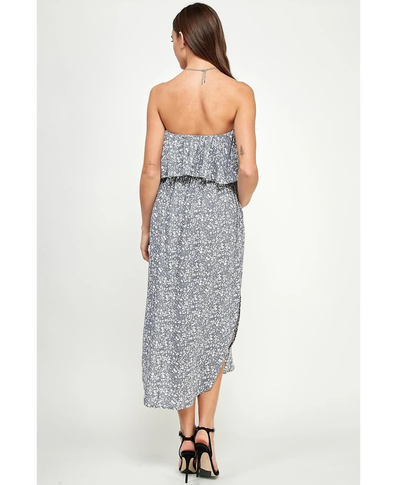 Hello Miz Maternity Floral Strapless Ruffle Overlay Midi Dress with Side Slit