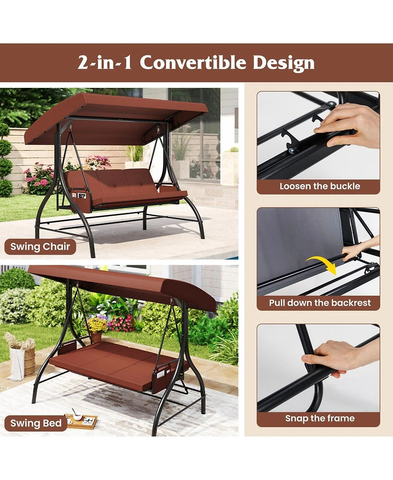 Sugift 3-Piece Patio Swing Set with Canopy and Removable Cushions