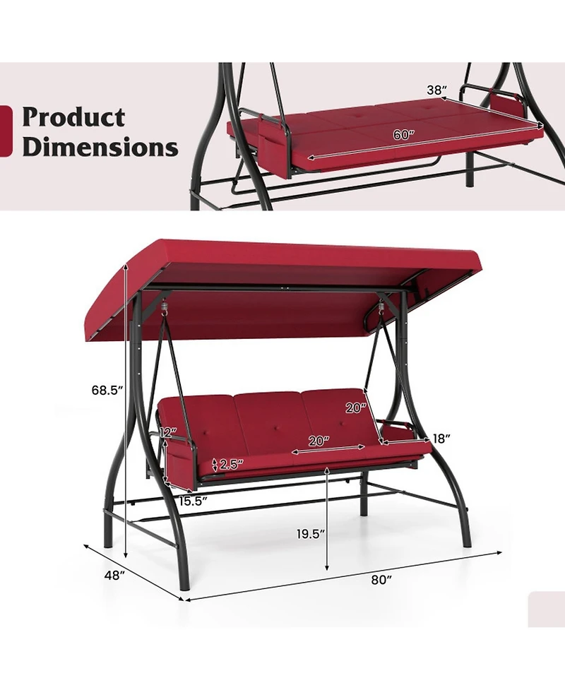 Sugift 3-Piece Patio Swing with Canopy Removable Cushions and Side Pockets