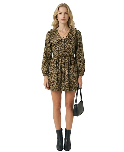 Modenaire Women's Leopard Print Oversized Collar Long Sleeve Mini Dress