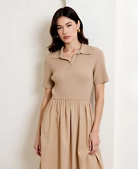 Modenaire Women's Polo Collar Short Sleeve Sweater Midi Dress