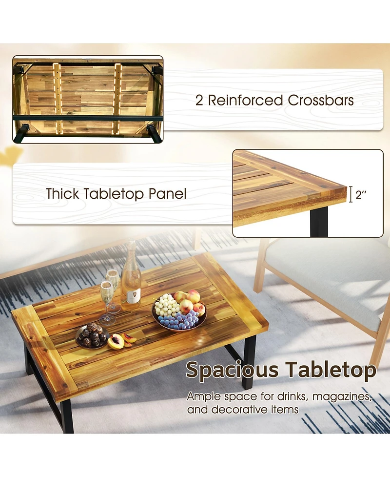 Sugift Acacia Wood Coffee Table with Thickened Top and Heavy-duty Metal Legs