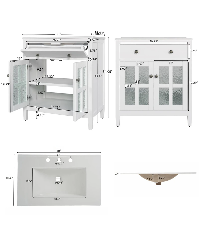 Busdays Bathroom Vanity with Ceramic Sink Adjustable Shelf Tip Out Tray Solid Wood Legs Metal Knobs Soft Close Hinges White Freestanding Cabinet