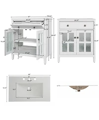 Busdays Bathroom Vanity with Ceramic Sink Adjustable Shelf Tip Out Tray Solid Wood Legs Metal Knobs Soft Close Hinges White Freestanding Cabinet