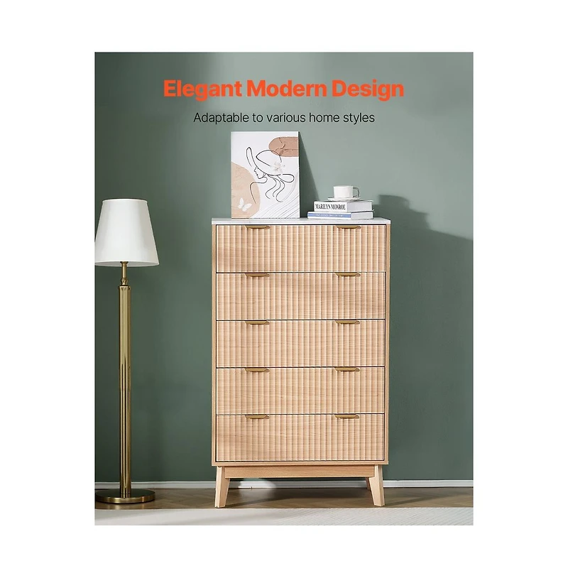 Sugift 5 Fluted Drawer Dresser Wooden Chest of Drawers with Sliding and Anti-tip Device Modern