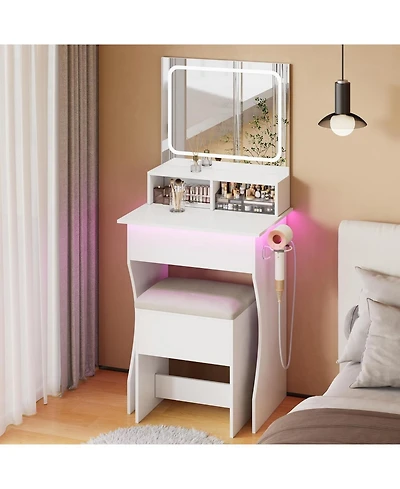Dyhome Makeup Vanity Desk with Rgb Lighting, Power Outlet and Led Mirror