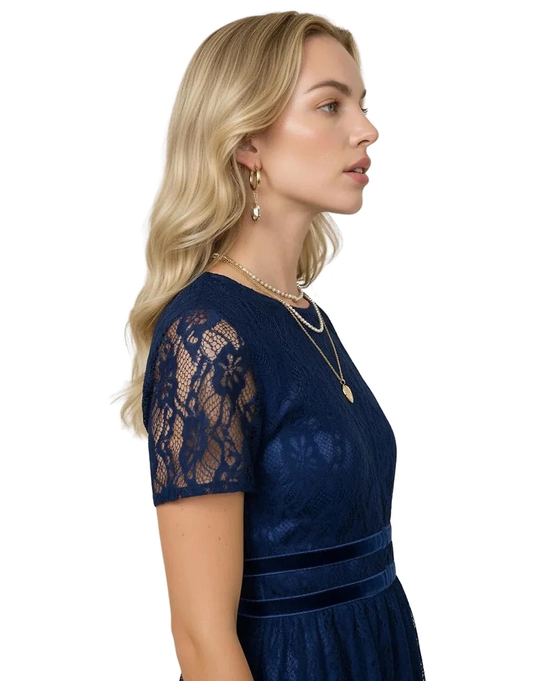 Modenaire Women's Lace Midi Dress with Sheer Short Sleeves and Velvet Waistband