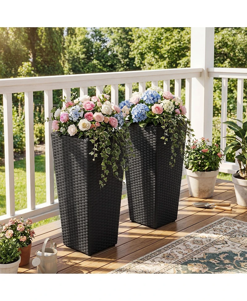 Gymax 2Pieces Rattan Tall Plant Pots with Detachable Plastic Liners Pre-Marked Drainage Hole