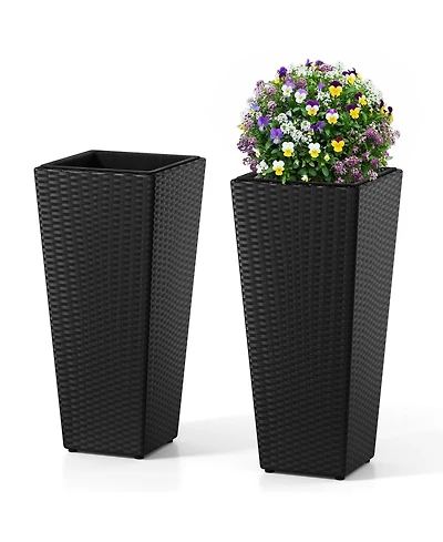 Gymax 2Pieces Rattan Tall Plant Pots with Detachable Plastic Liners Pre-Marked Drainage Hole