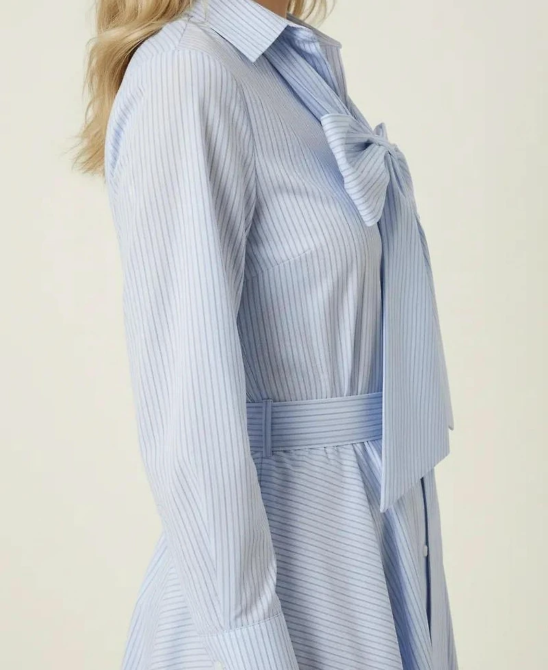 Modenaire Women's Striped Tie-Neck Bow Shirt Dress