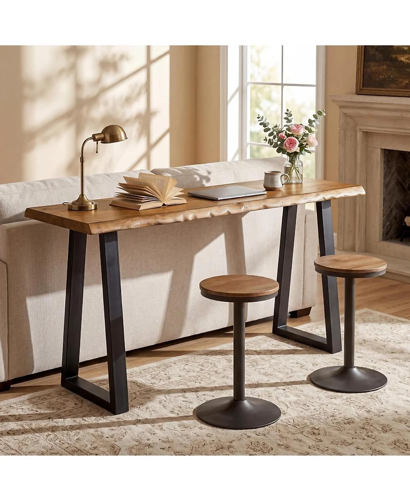 Tribesigns Solid Wood Bar Table, 63" Live Edge Counter Height Table with Metal Legs, Rustic Industrial Long Pub Table