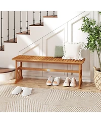 Gymax 2 Pcs 51 Inches Acacia Wood Outdoor Bench Slatted Seat and X-Shaped Frame