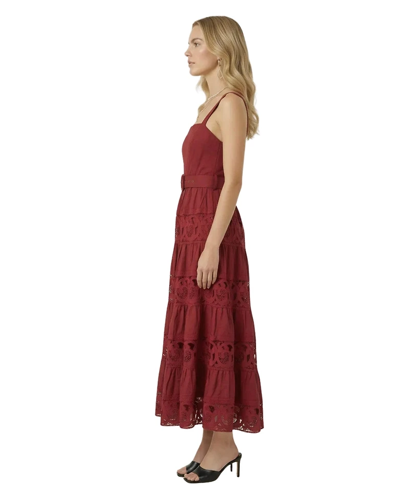 Modenaire Women's Belted Tiered Lace Midi Dress
