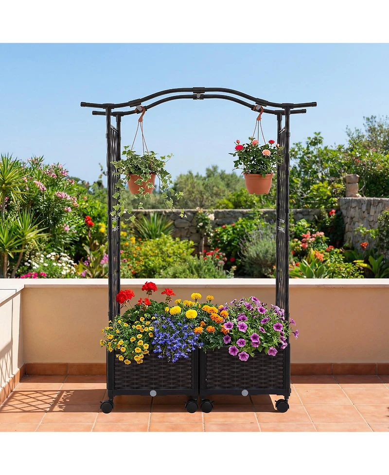 Gymax 2Pieces 5 Ft Self-Watering Planter Boxes w/Lattice Trellis and Roof Lockable Wheels