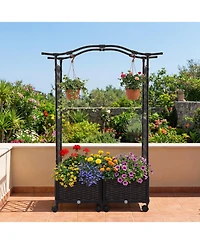 Gymax 2Pieces 5 Ft Self-Watering Planter Boxes w/Lattice Trellis and Roof Lockable Wheels