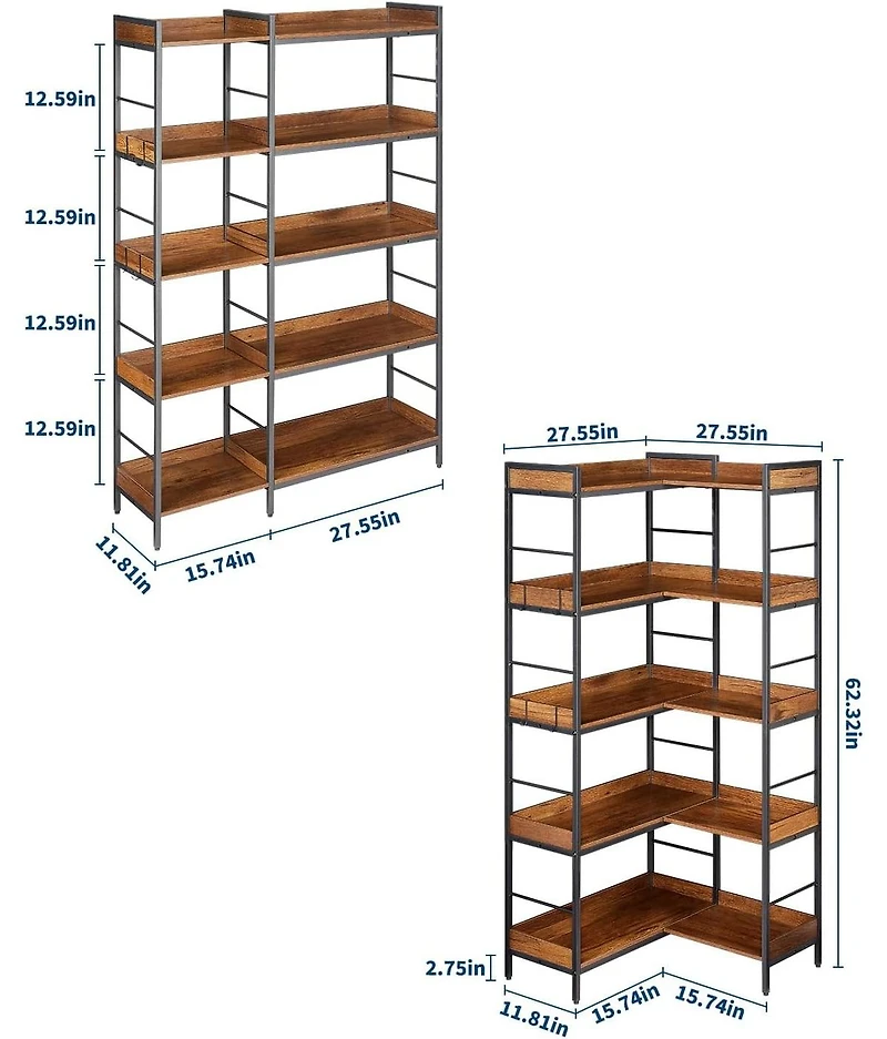 Gaomon 5-Tier Corner Bookshelf with 4 Hooks