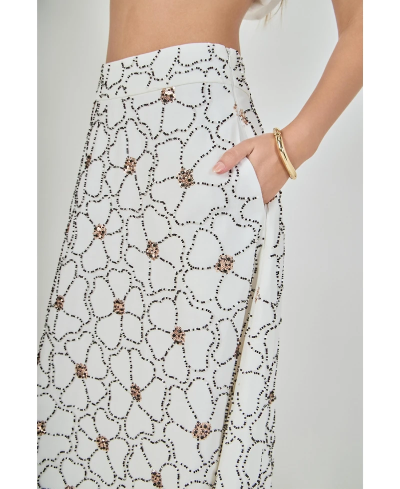 endless rose Women's Floral Beaded Midi Skirt