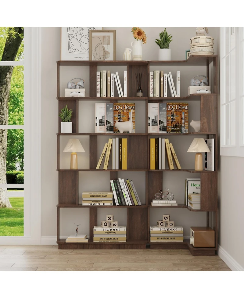 Rainsken 5 Tier L Shaped Bookcase, Modern Geometric Wood Corner Bookshelf, for Home Office, Living Room, Bedroom