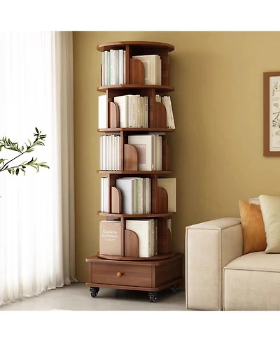 Rainsken 5 Tier Rotating Bookshelf, with Cabinet On Wheel, 360degree(s) Display Spinning Corner Book Shelf Tower, for Bedroom, Living Room, Study Room