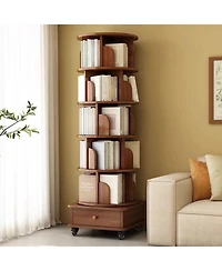 Rainsken 5 Tier Rotating Bookshelf, with Cabinet On Wheel, 360degree(s) Display Spinning Corner Book Shelf Tower, for Bedroom, Living Room, Study Room