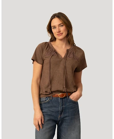 Cable & Gauge Women's and Crochet Trim Crinkle Peasant Top