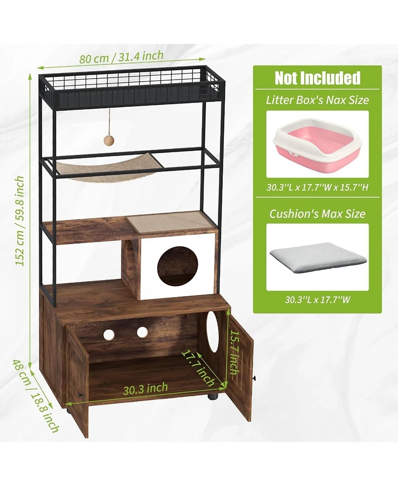 Gaomon Cat Litter Box Enclosure Furniture with Hidden Box, Cat House, Scratching Hammock, Feeding Station, Shelves, and Dog Proof Cabinet.