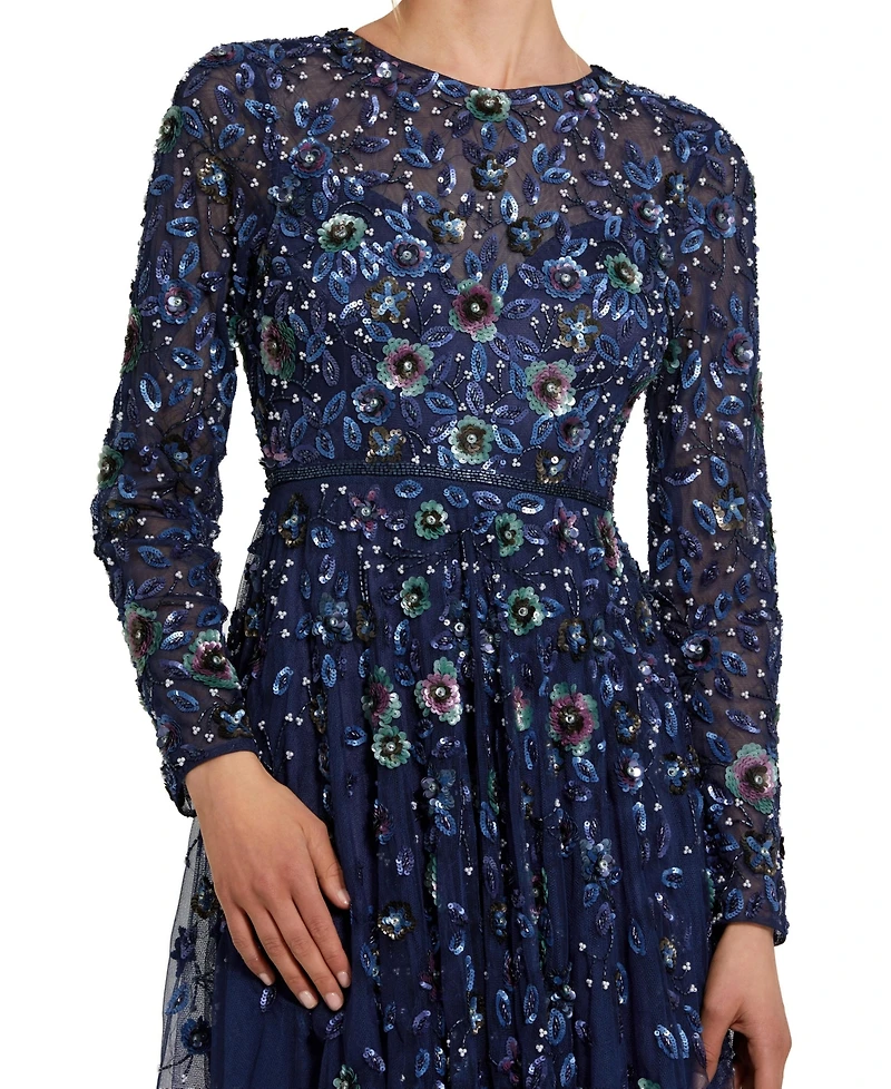 Women's Embellished High Neck Long Sleeve A Line Gown