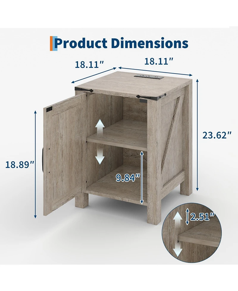 Homfan Rustic Farmhouse Bedside Cabinet with Usb Charging Station, 18" Wide Top, Sliding Barn Door, and Adjustable Shelf for Bedroom or Living Room.