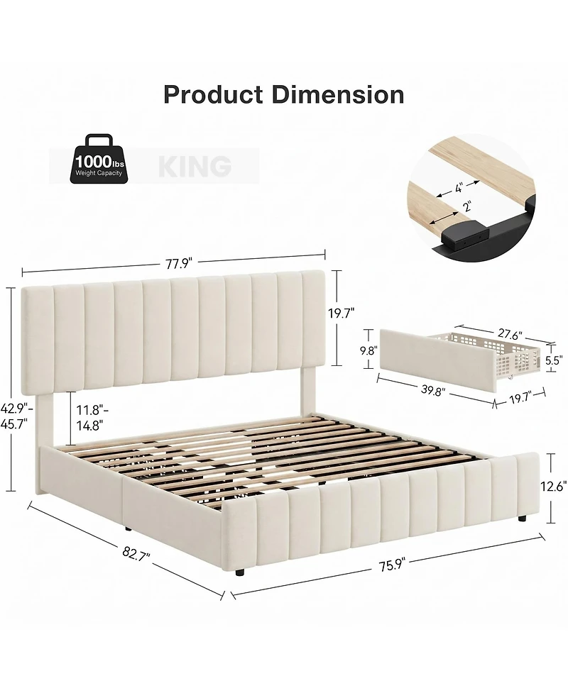 Gaomon Linen Upholstered Platform Bed Frame, 4 Storage Drawers, Adjustable Height Headboard, No Box Spring Needed
