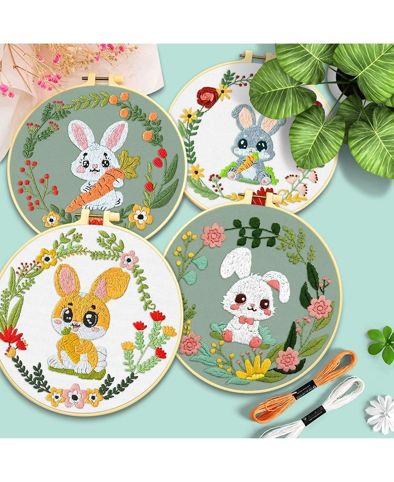 Gnuadz 4 Sets Embroidery Kit Rabbit Animal Cross Stitch Cloth Hoops Threads