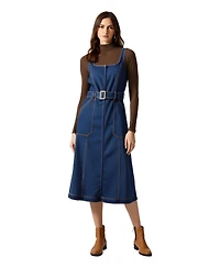 Modenaire Women's Square-Neck Zip-Front Denim Midi Dress with Belt