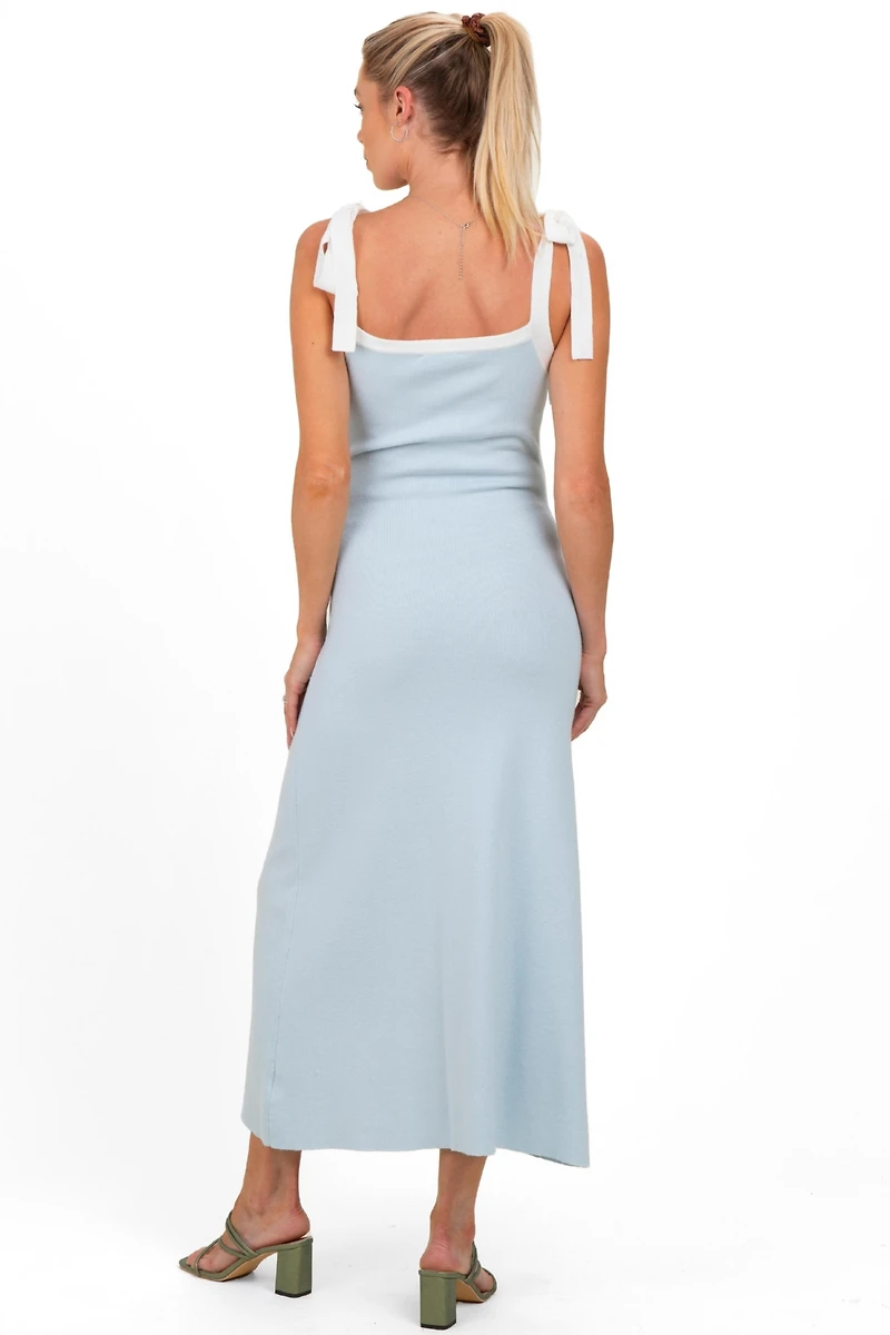 Pinkblush Maternity Light Blue Knit Contrast Shoulder Tie Dress