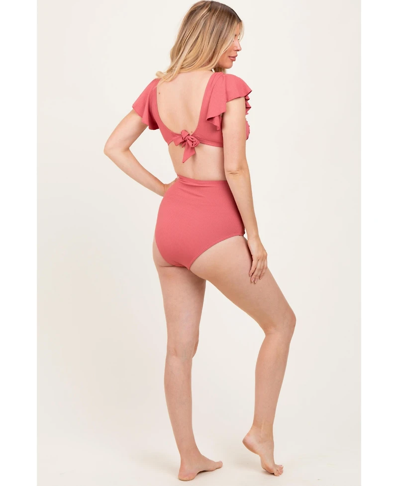 Pinkblush Maternity Pink Ribbed Ruffle Shoulder Front Tie High Waist Two-Piece Swimsuit