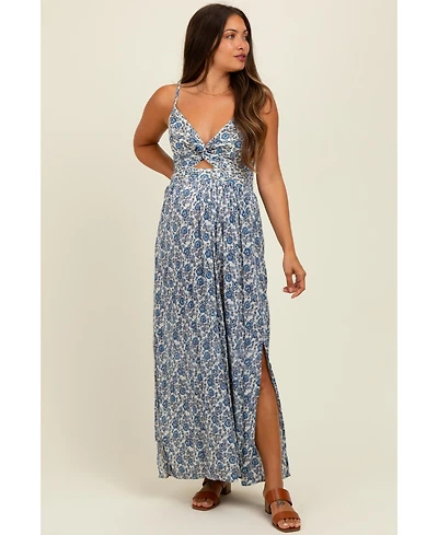 Pinkblush Maternity Blue Floral V-Neck Twist Front Keyhole Maxi Dress