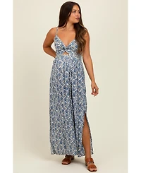 Pinkblush Maternity Blue Floral V-Neck Twist Front Keyhole Maxi Dress