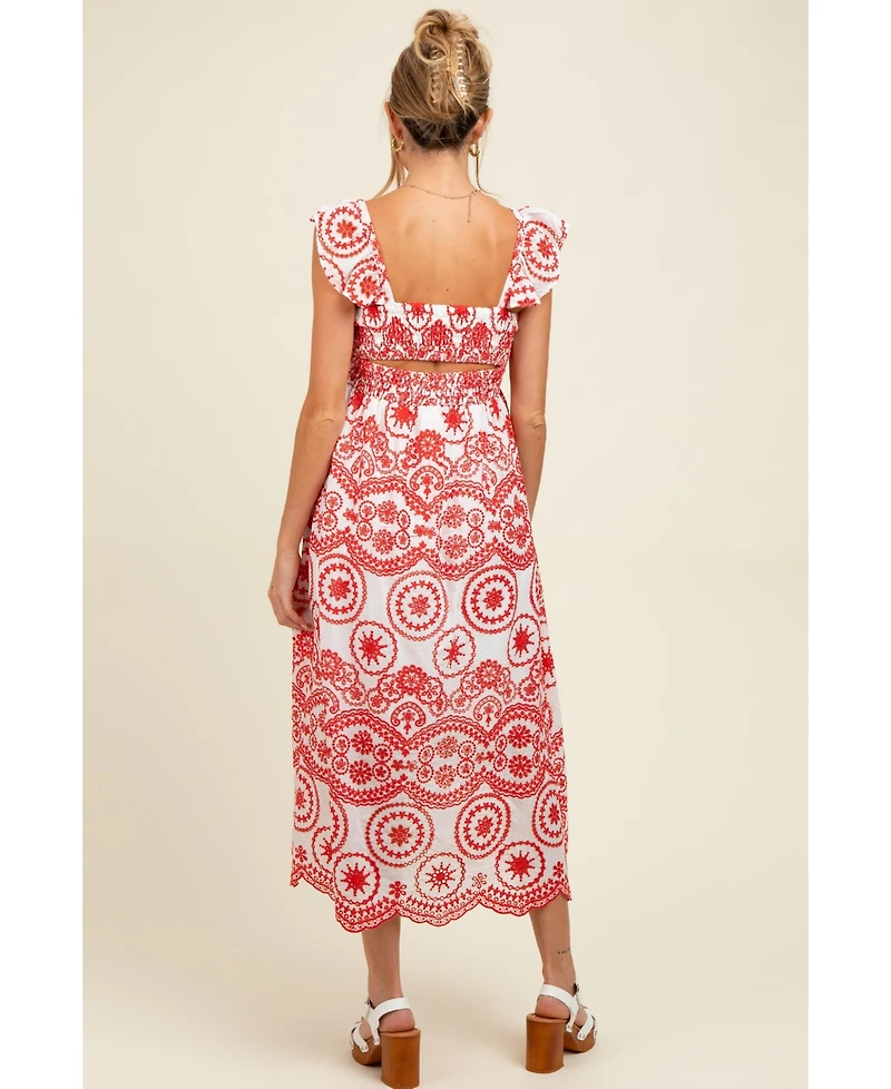 Pinkblush Maternity Red Embroidered Smocked Cutout Midi Dress