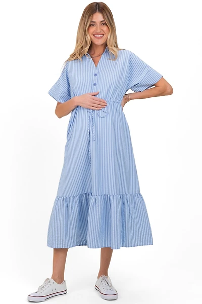 Pinkblush Maternity Light Blue Striped Button Collared Midi Dress
