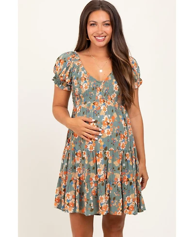 Pinkblush Maternity Olive Floral Smocked V-Neck Puff Sleeve Dress