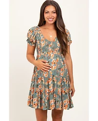 Pinkblush Maternity Olive Floral Smocked V-Neck Puff Sleeve Dress
