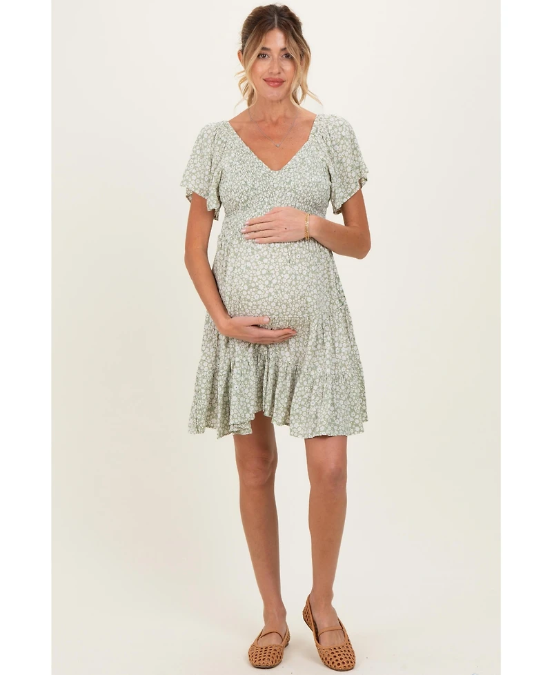 Pinkblush Maternity Sage V Neck Smocked Bodice Ditsy Print Dress