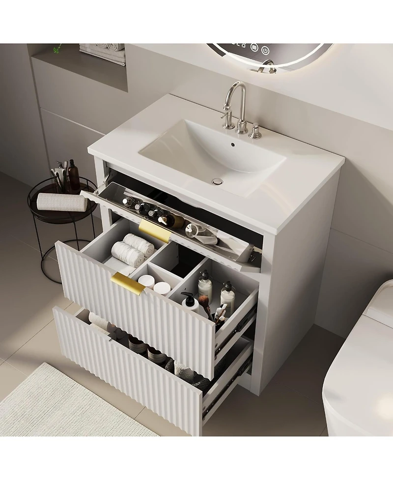 gaomon Fluted Farmhouse Freestanding Bathroom Vanity with Sink, 2 Drawers, Flip-Down Top, Space-Saving Storage