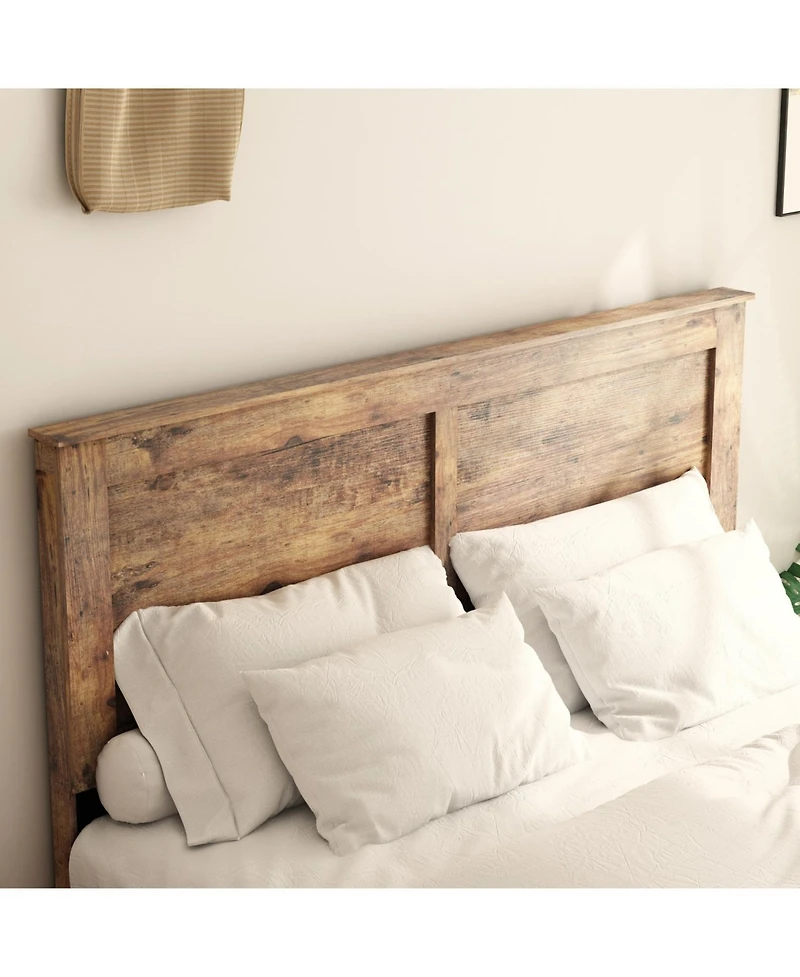 Rainsken Wood Bed Frame with Headboard, Rustic Farmhouse Platform Bed Frame, 12 Wood Slats Support, No Box Spring Needed
