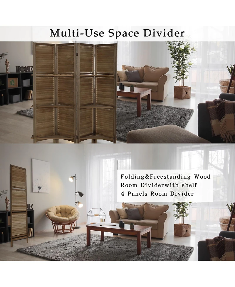 Rainsken 4 Panel Room Divider with Shelves, 5.6 ft Tall Room Dividers and Folding Privacy Screens, for Bedroom Home Office, No Assembly Required