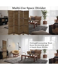 Rainsken 4 Panel Room Divider with Shelves, 5.6 ft Tall Room Dividers and Folding Privacy Screens, for Bedroom Home Office, No Assembly Required
