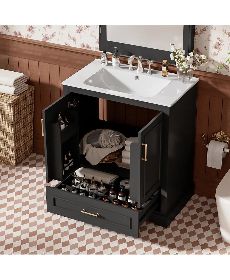 Sillysis 30 Inch Bathroom Vanity with Ceramic Sink, Solid Wood Frame, Soft Close Doors, Drawer and Double Door Shelves