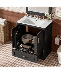 Sillysis 30 Inch Bathroom Vanity with Ceramic Sink, Solid Wood Frame, Soft Close Doors, Drawer and Double Door Shelves