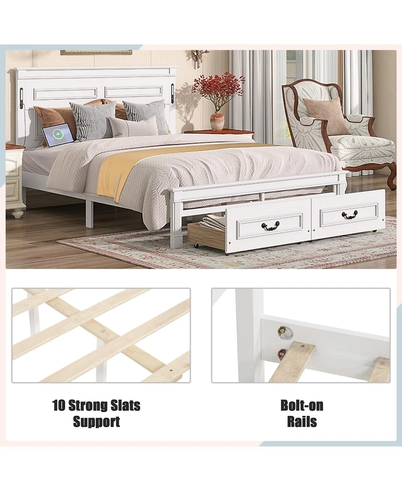 Rainsken Queen Bed Frame, with 2 Storage Drawers and Tall Headboard, Built-In Charging Station Led Lights