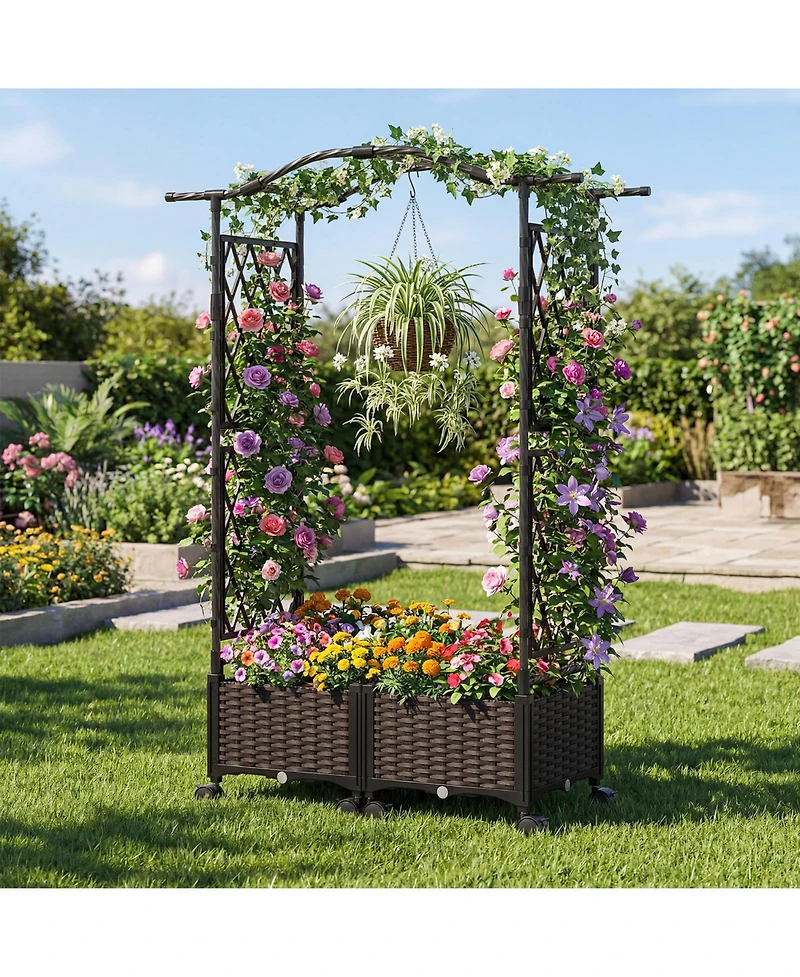 Gymax 5 Ft Self-Watering Planter Boxes With Lattice Trellis and Roof Lockable Wheels